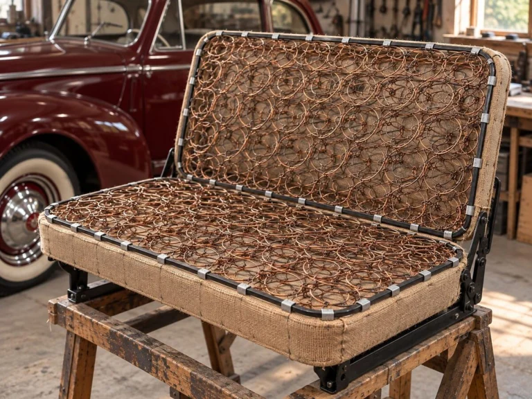 Symbolbild: restaurierter Oldtimersitz mit neuem Federkern vor einem Oldtimer